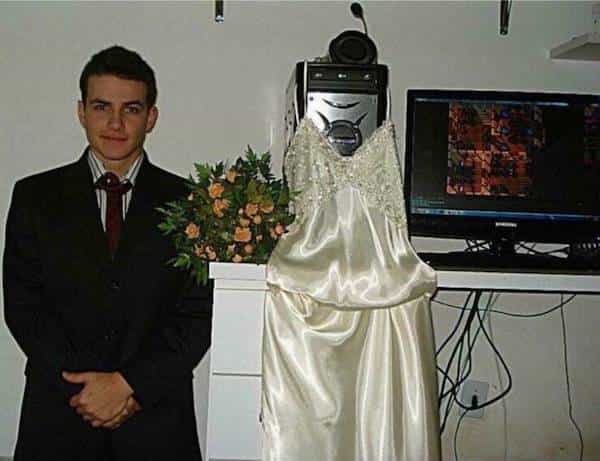computer dressed up in wedding dress as wife