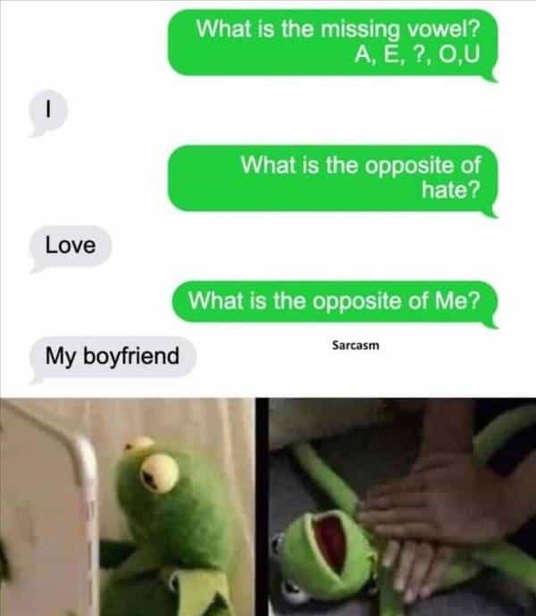 What is the missing vowel? A, E, ?, O,U What is the opposite of hate? Love What is the opposite of Me? Sarcasm My boyfriend