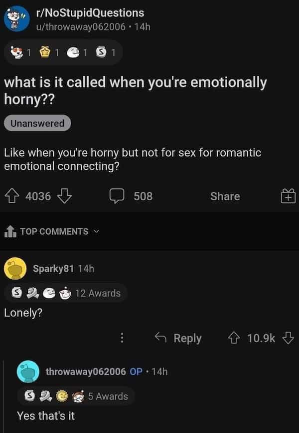 what is it called when you're emotionally horny?? Like when you're horny but not for sex for romantic emotional connecting? ґ 4036 Л 0 508 Share if, TOP COMMENTS Y Sparky81 14h • 12 Awards Lonely? Reply 4 10.9k Л throwaway062006 OP • 14h 5 Awards Yes that's it