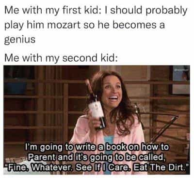 Me with my first kid: I should probably play him mozart so he becomes a genius Me with my second kid: I'm going to write a book on how to Parent and it's going to be called, Fine. Whatever. See IF I Care. Eat The Dirt.