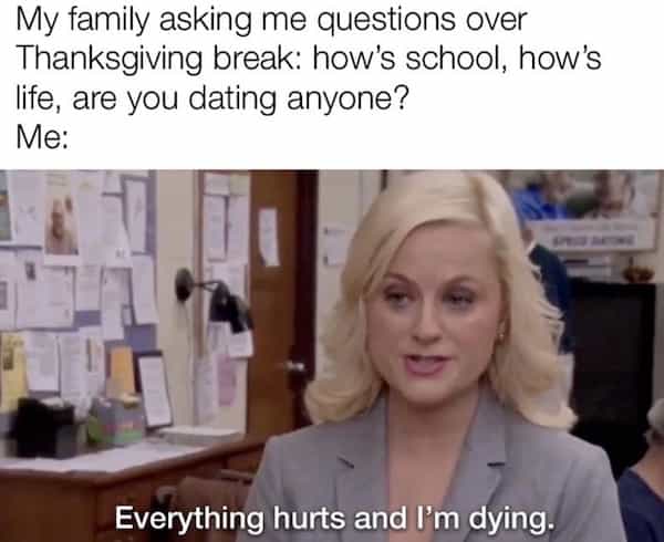 My family asking me questions over Thanksgiving break: how's school, how's life, are you dating anyone?