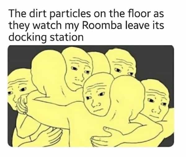 The dirt particles on the floor as they watch my Roomba leave its docking station