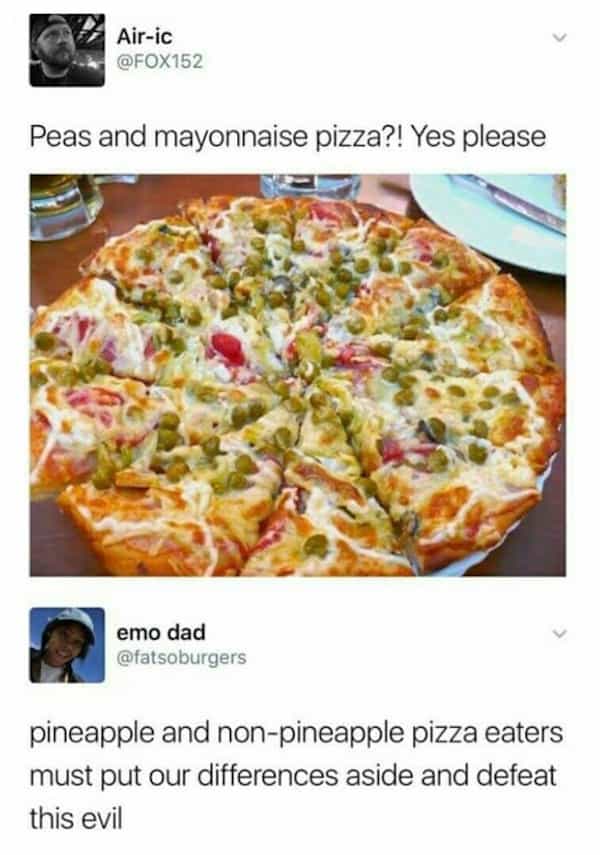 Peas and mayonnaise pizza?! Yes please