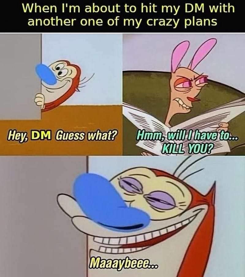When I'm about to hit my DM with another one of my crazy plans Hey, DM Guess what? Almm, will (have to… KILL YOUR manaybee:..