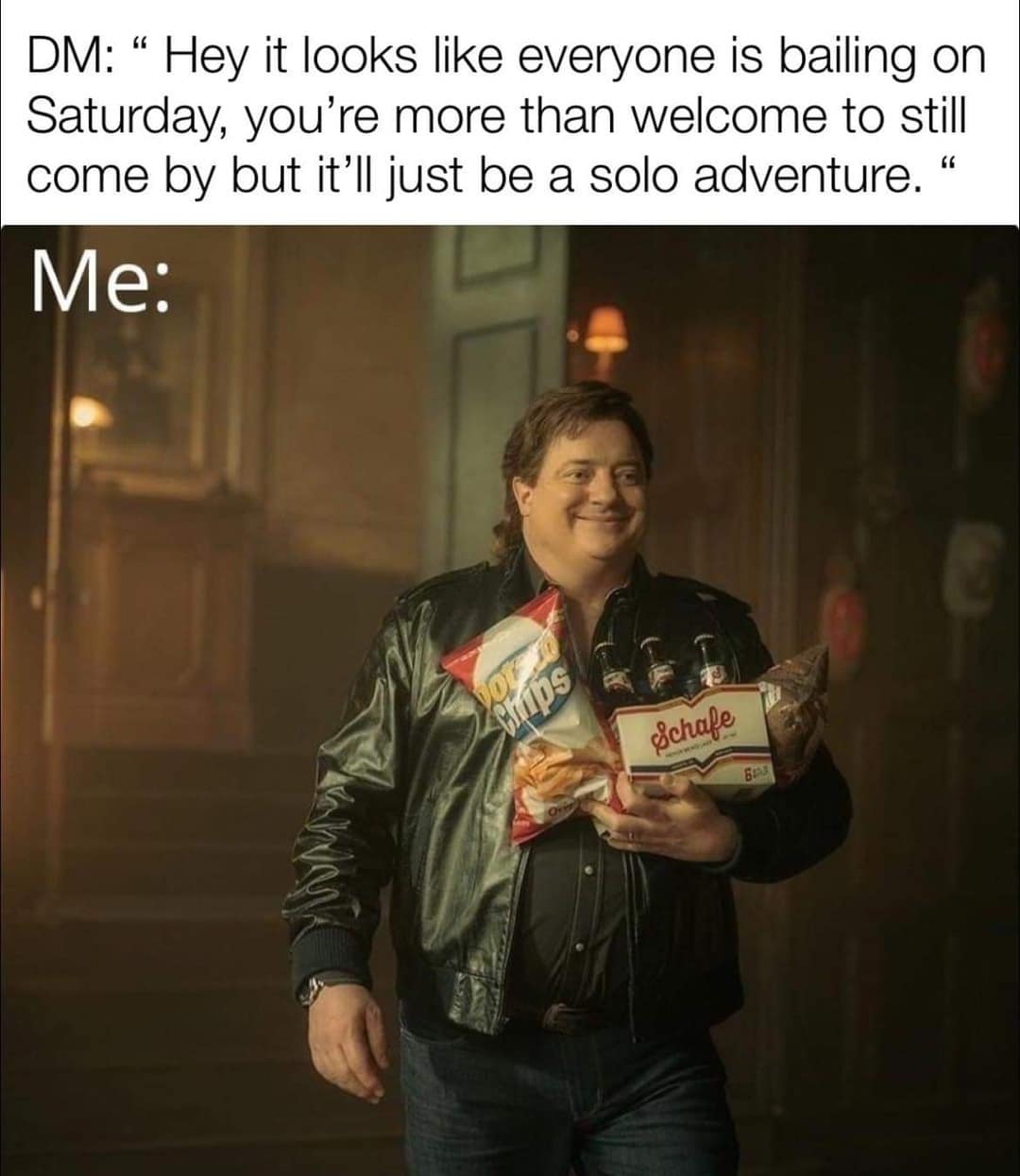 DM: "Hey it looks like everyone is bailing on Saturday, you're more than welcome to still come by but it'll just be a solo adventure.