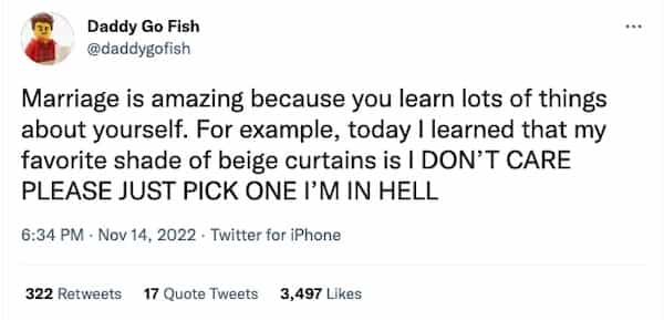 Marriage is amazing because you learn lots of things about yourself. For example, today I learned that my favorite shade of beige curtains is I DON'T CARE PLEASE JUST PICK ONE I'M IN HELL