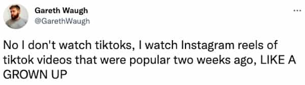No I don't watch tiktoks, I watch Instagram reels of tiktok videos that were popular two weeks ago, LIKE A GROWN UP