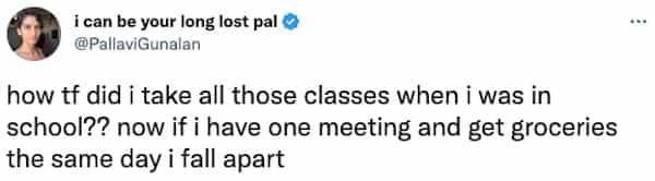 how tf did i take all those classes when i was in school?? now if i have one meeting and get groceries the same day i fall apart
