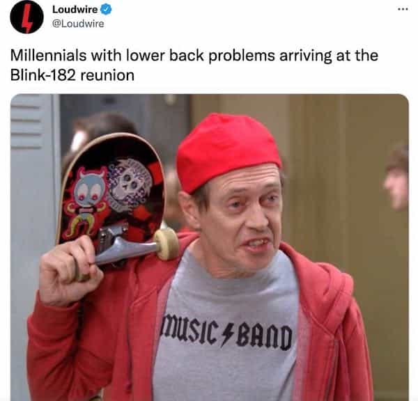 Millennials with lower back problems arriving at the Blink-182 reunion