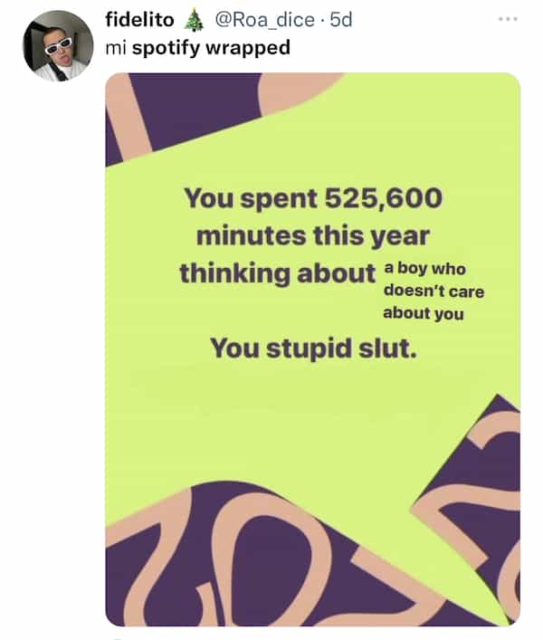 You spent 525,600 minutes this year thinking about a boy who doesn't care about you You stupid slut.