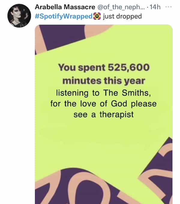 You spent 525,600 minutes this year listening to The Smiths, for the love of God please see a therapist