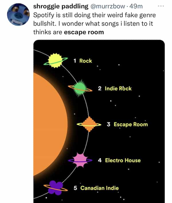 Spotify is still doing their weird fake genre bullshit. I wonder what songs i listen to it thinks are escape room
