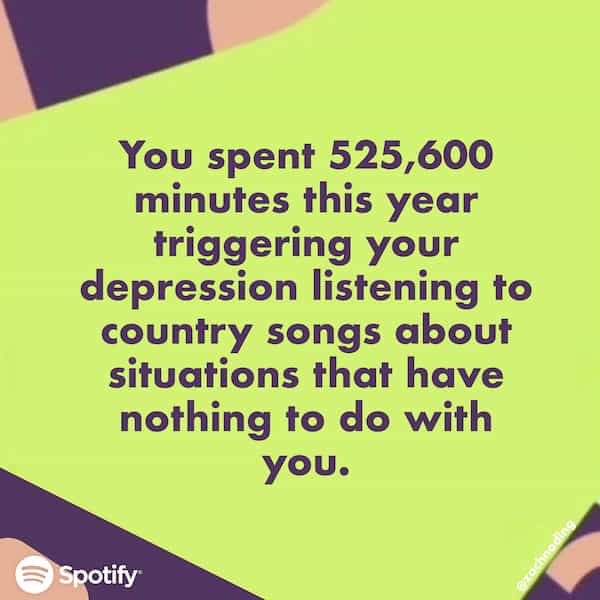 You spent 525,600 minutes this year triggering your depression listening to country songs about situations that have nothing to do with you.