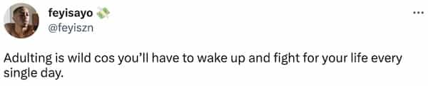 Adulting is wild cos you'll have to wake up and fight for your life every single day.