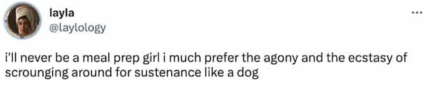 i'll never be a meal prep girl i much prefer the agony and the ecstasy of scrounging around for sustenance like a dog