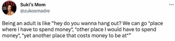Being an adult is like "hey do you wanna hang out? We can go *place where I have to spend money*, *other place I would have to spend money", "yet another place that costs money to be at*"