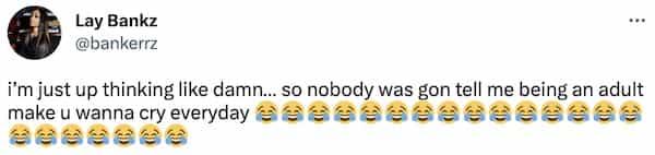 i'm just up thinking like damn... so nobody was gon tell me being an adult make u wanna cry everyday