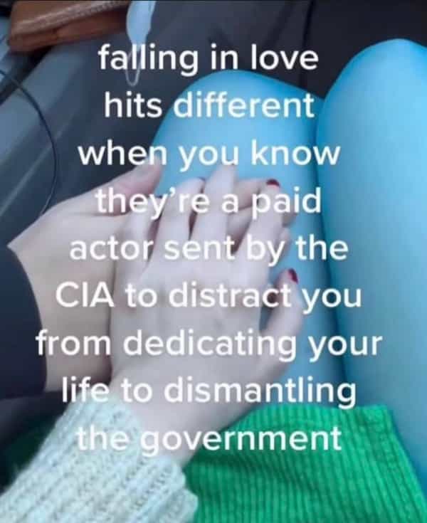 falling in love hits different when you know they' re a paid actor sent by the CIA to distract vou from dedicating your life to dismantling the government