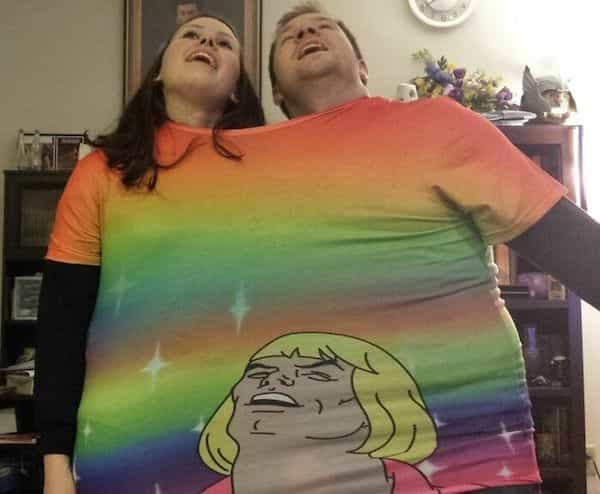 Two people in a meme shirt