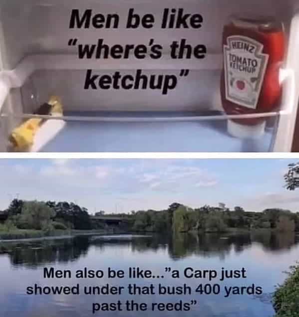 Men be like "where's the ketchup" HEINZ PINATO Men also be like..."a Carp just showed under that bush 400 yards past the reeds"