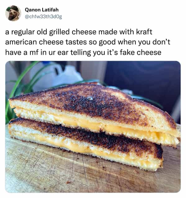 a regular old grilled cheese made with kraft american cheese tastes so good when you don't have a mf in ur ear telling you it's fake cheese