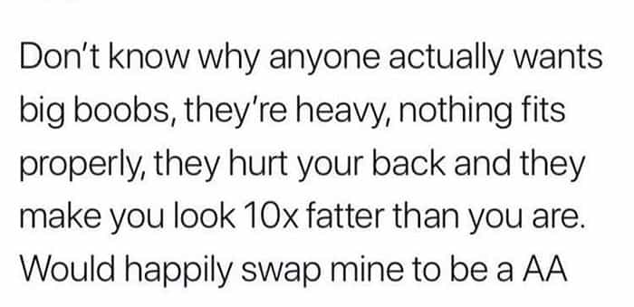 Don't know why anyone actually wants big boobs, they're heavy, nothing fits properly, they hurt your back and they make you look 10x fatter than you are. Would happily swap mine to be a AA