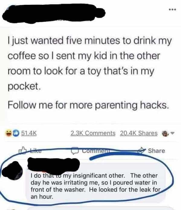 just wanted five minutes to drink my coffee so I sent my kid in the other room to look for a toy that's in my pocket. Follow me for more parenting hacks.