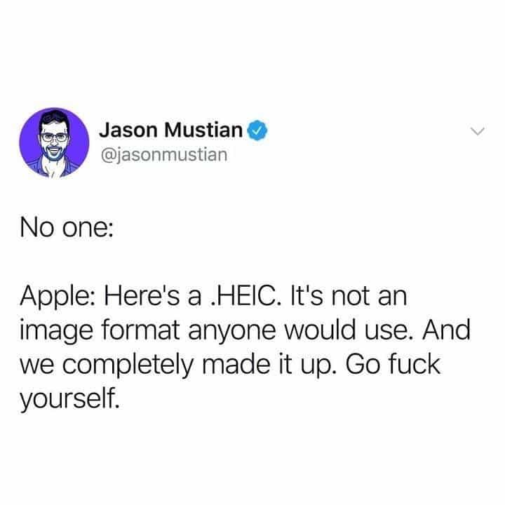 No one: Apple: Here's a .HEIC. It's not an image format anyone would use. And we completely made it up. Go fuck yourself.