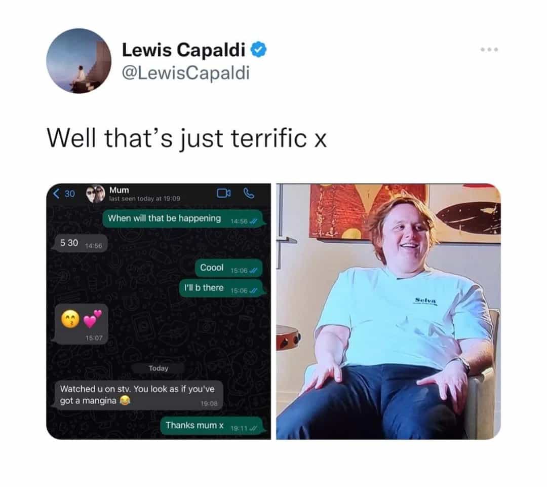 @LewisCapaldi Well that's just terrific x < 30 •) Mum last seen todav at 19:09 When will that be happening 14:66 5 30 44466 Coool 15:08 a 1'II b there 15:06 J/ 15.07 Todav Watched u on sty. You look as if you've got a mangina 19:08 Thanks mum X