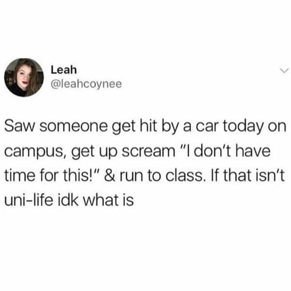 Saw someone get hit by a car today on campus, get up scream "I don't have time for this!" & run to class. If that isn't uni-life idk what is