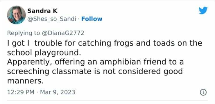 I got I trouble for catching frogs and toads on the school playground. Apparently, offering an amphibian friend to a screeching classmate is not considered good manners.