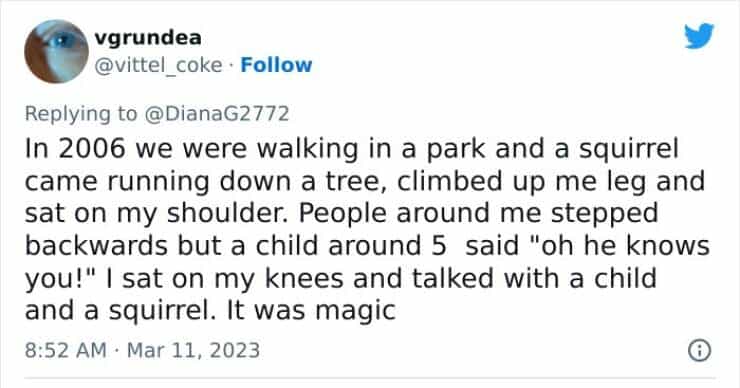 In 2006 we were walking in a park and a squirrel came running down a tree, climbed up me leg and sat on my shoulder. People around me stepped backwards but a child around 5 said "oh he knows you!" I sat on my knees and talked with a child and a squirrel. It was magic
