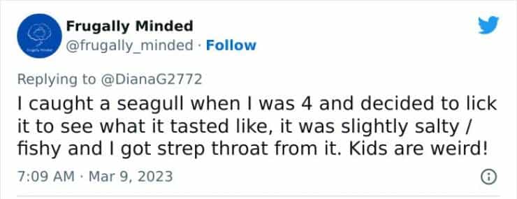 I caught a seagull when I was 4 and decided to lick it to see what it tasted like, it was slightly salty / fishy and I got strep throat from it. Kids are weird!