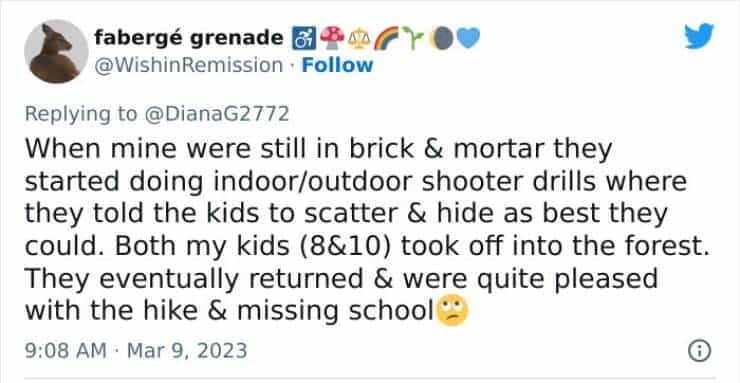 When mine were still in brick & mortar they started doing indoor/outdoor shooter drills where they told the kids to scatter & hide as best they could. Both my kids (8&10) took off into the forest. They eventually returned & were quite pleased with the hike & missing school