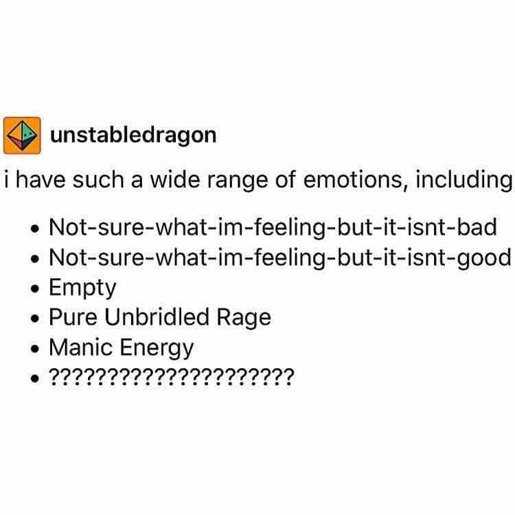 i have such a wide range of emotions, including • Not-sure-what-im-feeling-but-it-isnt-bad • Not-sure-what-im-feeling-but-it-isnt-good • Empty • Pure Unbridled Rage • Manic Energy • ?????????????????????