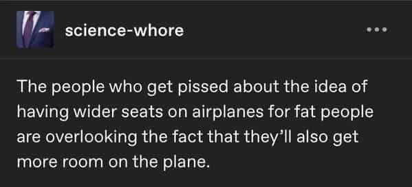 The people who get pissed about the idea of having wider seats on airplanes for fat people are overlooking the fact that they'll also get more room on the plane.