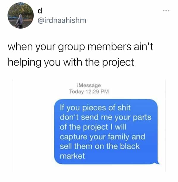when your group members ain't helping you with the project If you don't send me your parts of the project I will capture your family and sell them on the