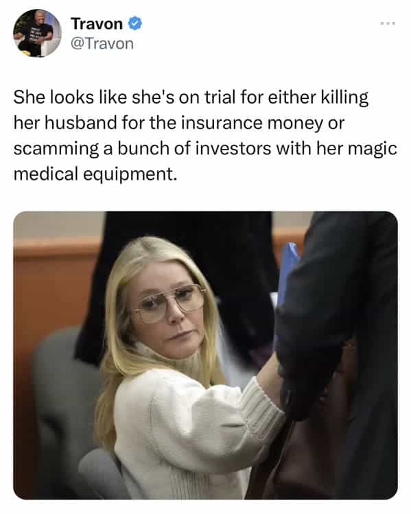 She looks like she's on trial for either killing her husband for the insurance money or scamming a bunch of investors with her magic medical equipment.