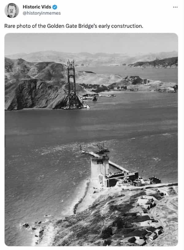 Rare photo of the Golden Gate Bridge's early construction.