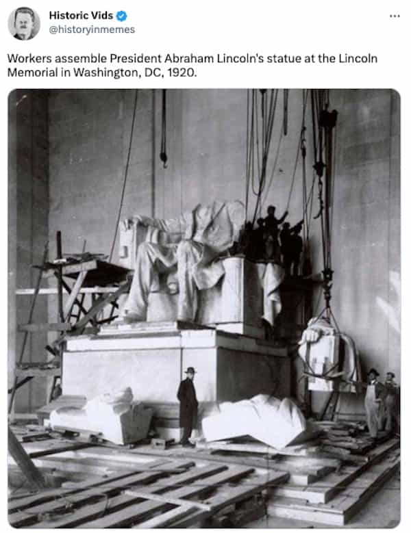 Workers assemble President Abraham Lincoln's statue at the Lincoln Memorial in Washington, DC, 1920.