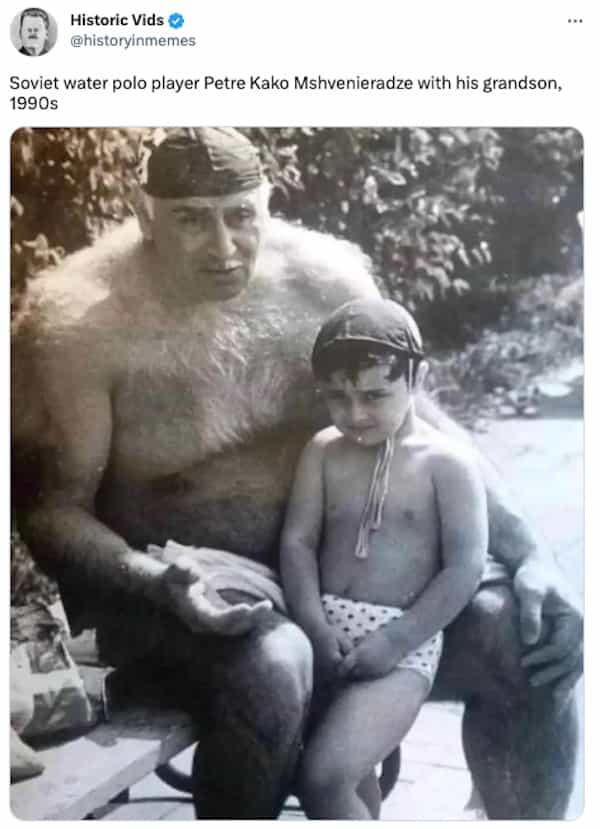Soviet water polo player Petre Kako Mshvenieradze with his grandson, 1990s