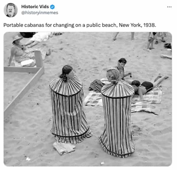 Portable cabanas for changing on a public beach, New York, 1938.