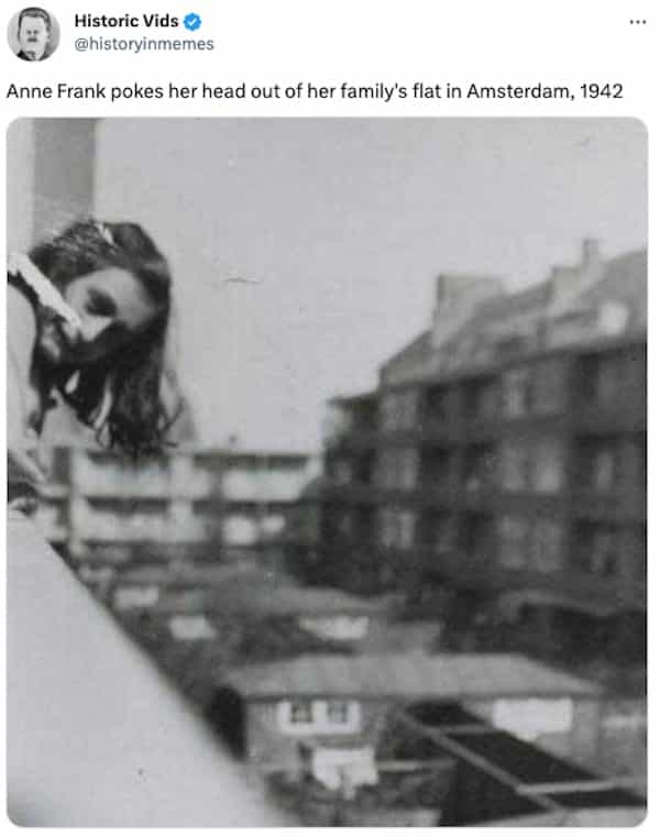 Anne Frank pokes her head out of her family's flat in Amsterdam, 1942