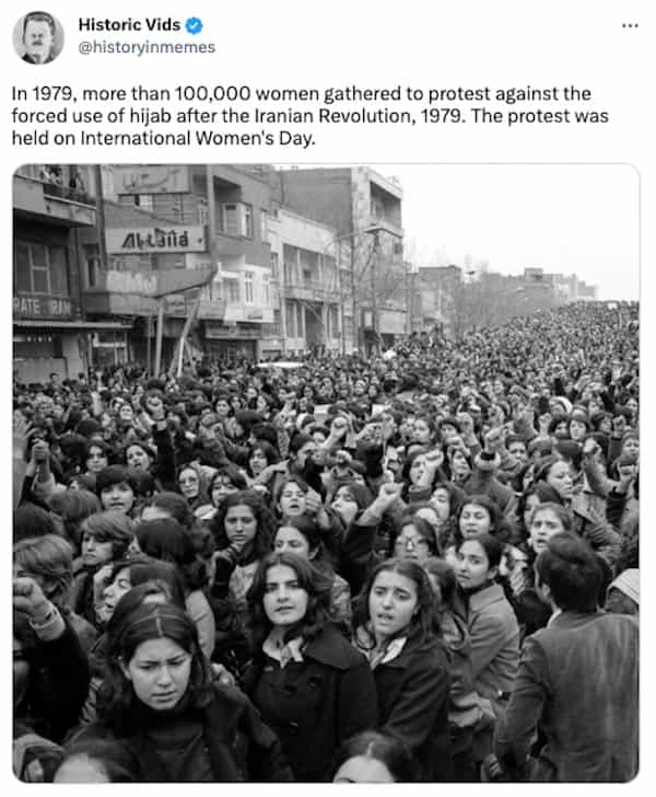 In 1979, more than 100,000 women gathered to protest against the forced use of hijab after the Iranian Revolution, 1979. The protest was held on International Women's Day.