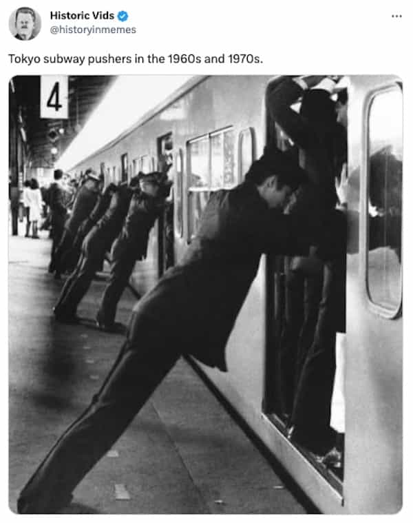 Tokyo subway pushers in the 1960s and 1970s.