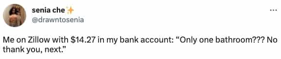 Me on Zillow with $14.27 in my bank account: "Only one bathroom??? No thank you, next."