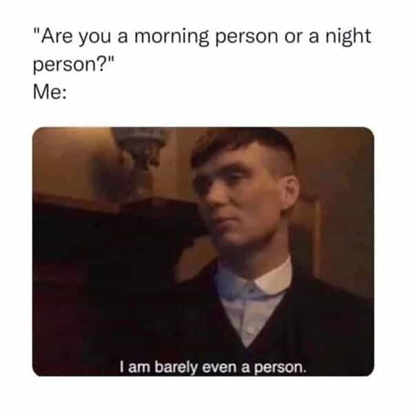 "Are you a morning person or a night person?" Me: I am barely even a person.