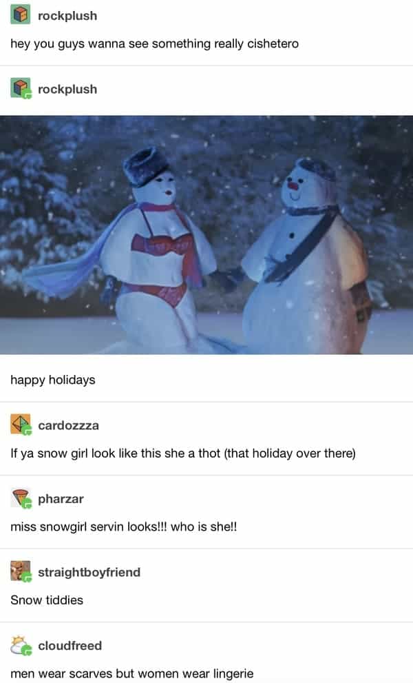 hey you guys wanna see something really cishetero rockplush happy holidays cardozzza If ya snow girl look like this she a thot (that holiday over there) • pharzar miss snowgirl servin looks!!! who is she!! straightboyfriend Snow tiddies • cloudfreed men wear scarves but women wear lingerie
