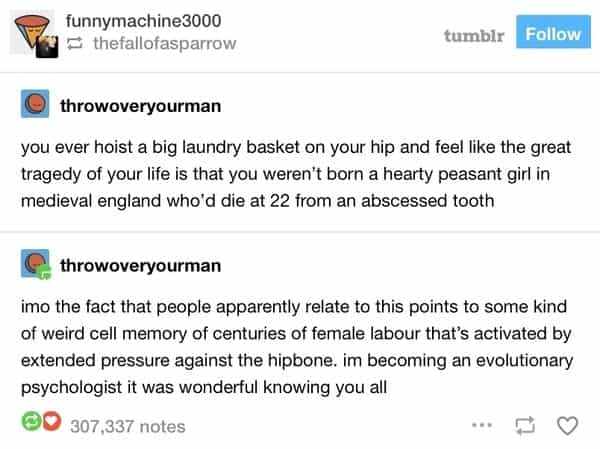you ever hoist a big laundry basket on your hip and feel like the great tragedy of your life is that you weren't born a hearty peasant girl in medieval england who'd die at 22 from an abscessed tooth throwoveryourman imo the fact that people apparently relate to this points to some kind of weird cell memory of centuries of female labour that's activated by extended pressure against the hipbone. im becoming an evolutionary psychologist it was wonderful knowing you all
