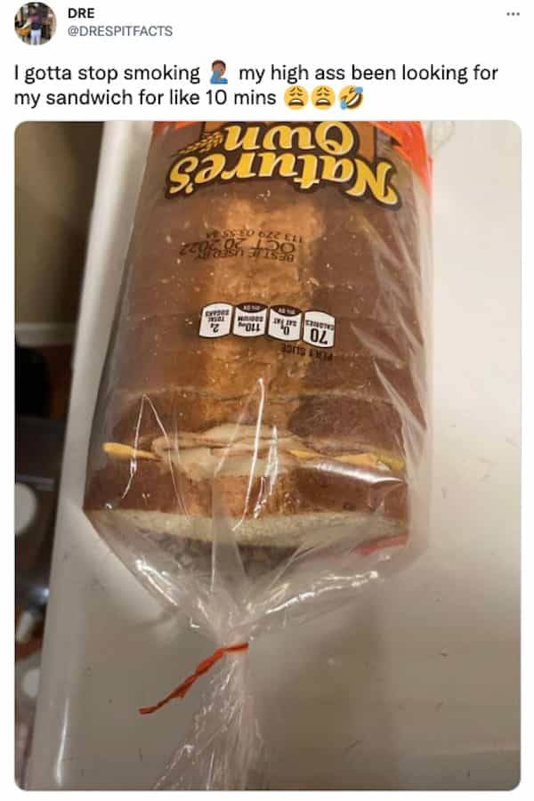 I gotta stop smoking 2 my high ass been looking for my sandwich for like 10 mins